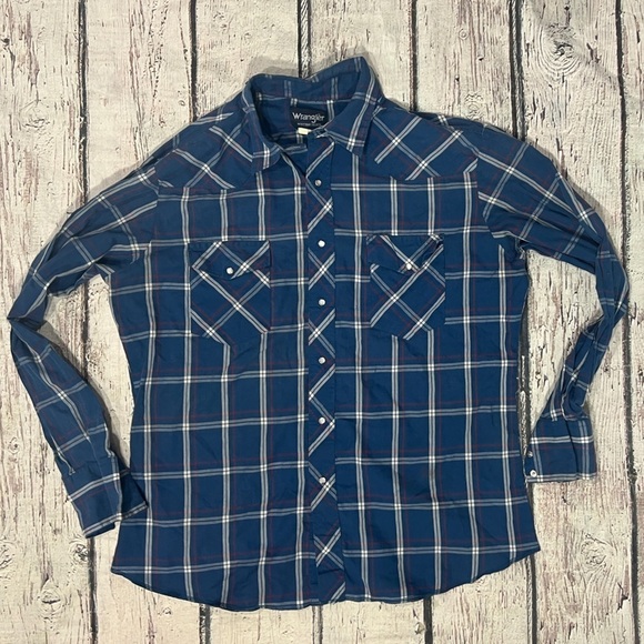 Vintage Rancher Wrangler Western Plaid Blue Pearl Snap Cowboy Rockabilly Shirt - Picture 1 of 4